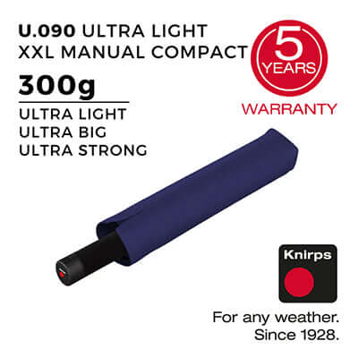 Knirps U.090 Ultralight XXL Manual Compact Umbrella displayed with a navy cover, showcasing ultra light, strong design.