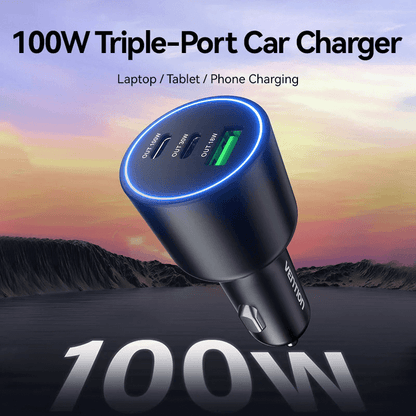 Vention Three-Port USB C+C+A Car Charger with 100W output for efficient charging of devices in a vehicle.
