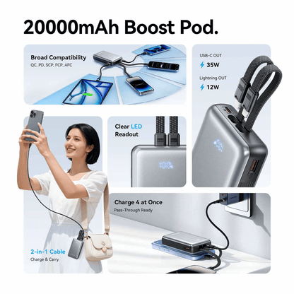 Vention 20000mAh Power Bank with Built-in Cables 35W showing fast charging and LED readout features.
