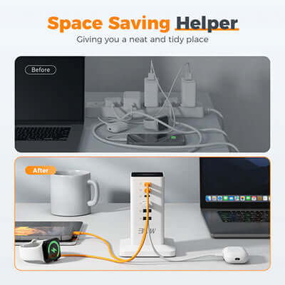 TESSAN 30W Desktop 6-Port Charging Hub With USB C, showcasing before and after organization of cables.