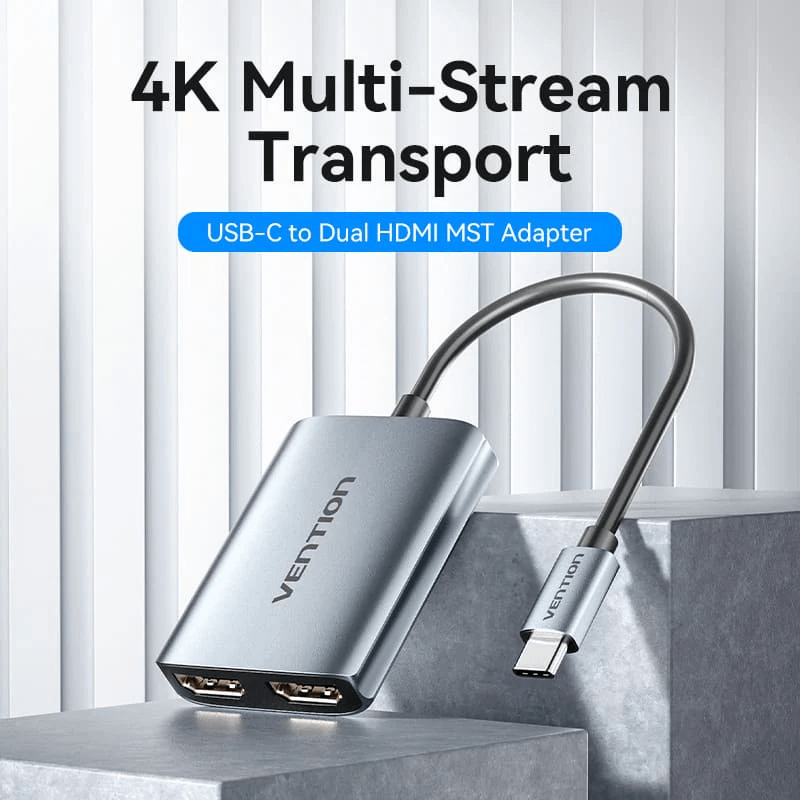 Vention USB-C to Dual HDMI™ MST Adapter with 4K Multi-Stream transport for seamless dual displays.