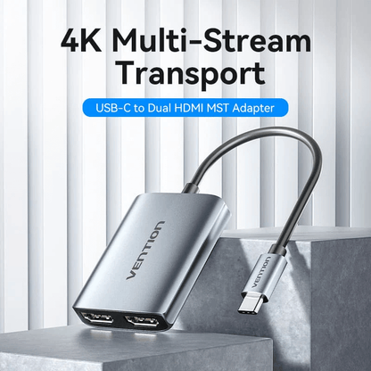 Vention USB-C to Dual HDMI™ MST Adapter with 4K Multi-Stream transport for seamless dual displays.