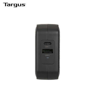 Targus APA803AP 65W GaN Wall Charger with USB-C and USB-A ports for efficient charging.