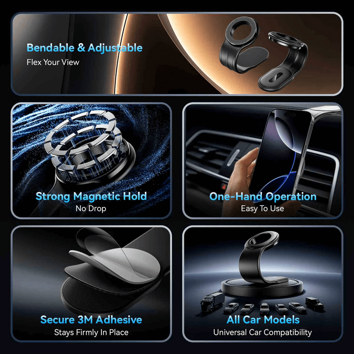 Vention Magnetic Car Phone Mount features strong magnetic hold, flexible design, and secure 3M adhesive for all car models.