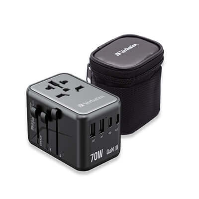 Verbatim 32124 GaN III 70W Universal Travel Adapter with storage case, charging multiple devices simultaneously.