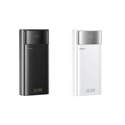 Remax FC-12 Fast Charging Powerbank 20000mAh available in black and white, showcasing a 22.5W charging capacity.