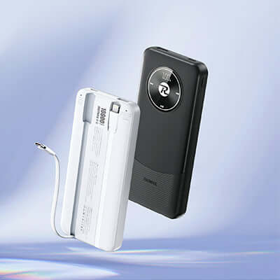 Remax RPP-37 Fast Charging Powerbank 10000mAh with dual fast-charging cables and sleek design.