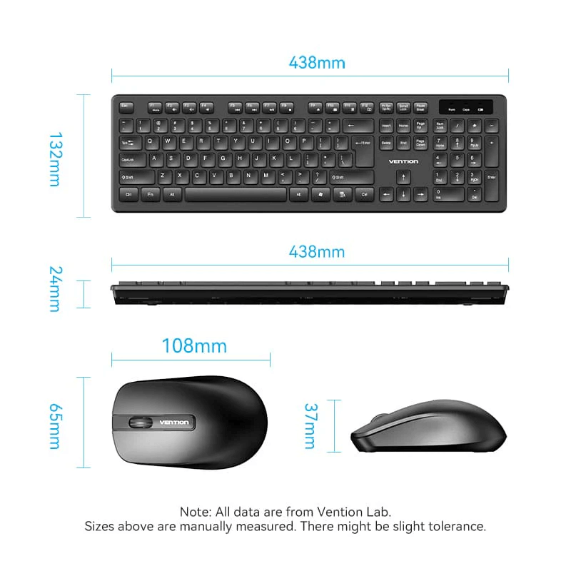 Vention Wireless Full-Sized Keyboard and Mouse Combo with Mouse Pad dimensions and design features.