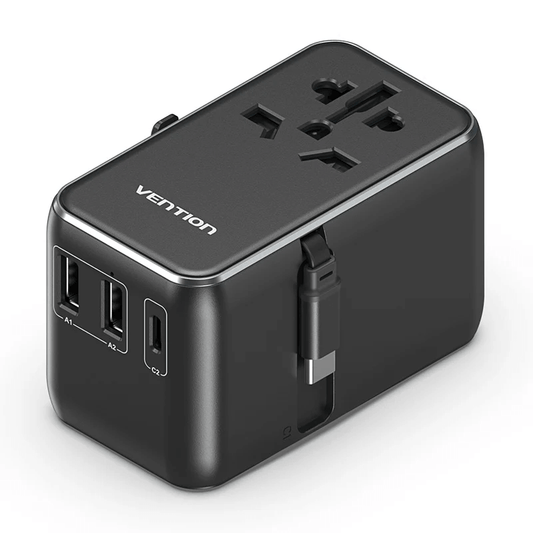 Vention 3-Port GaN Travel Adapter with Built-in Cable showcasing three ports and compact design.