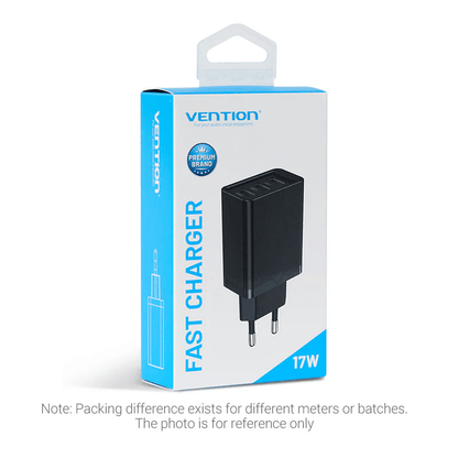 Vention 3-Port USB(A+A+A) Wall Charger 17W packaging with fast charger label and 17W output.
