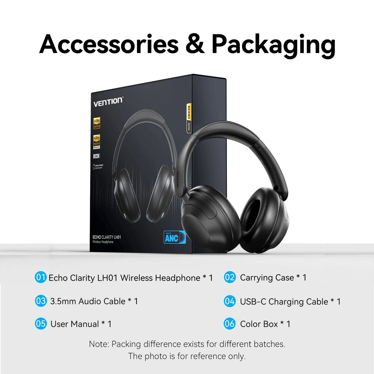 Vention Echo Clarity LH01 Wireless Headphone accessories and packaging, including carrying case and cables.