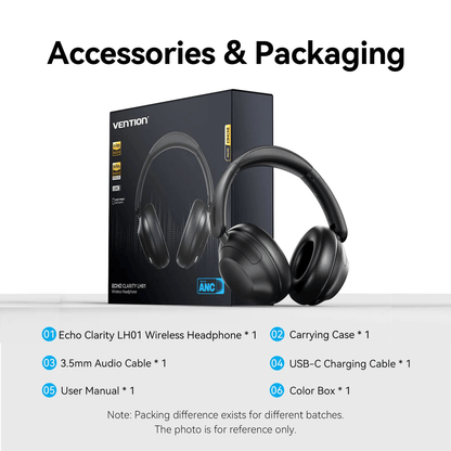 Vention Echo Clarity LH01 Wireless Headphone accessories and packaging, including carrying case and cables.