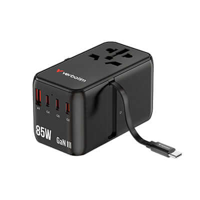 Verbatim Charge ‘n’ Travel Adapter 5 Port 85W Retractable Cable (CNT-02) with GaN III technology for fast charging.