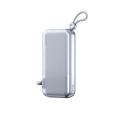 Remax CP-13 Powerbank with Wall Plug 10000mAh in silver with compact design and carrying handle.