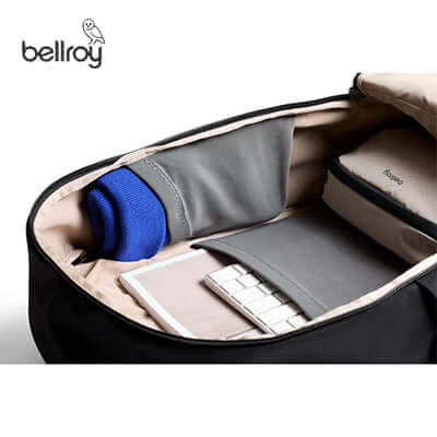 Interior view of the Bellroy Transit Workpack 26L showing compartments for tech and accessories.