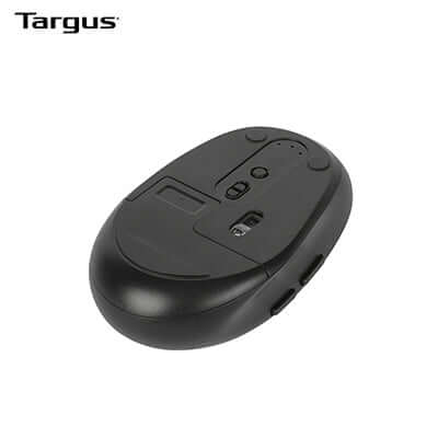 Targus Midsize Comfort Multi-Device Antimicrobial Wireless Mouse top view with buttons and sleek design.