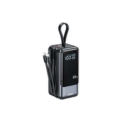 Remax RPP-59 65W Powerbank with Cables 20000mAh featuring digital display and detachable cables.