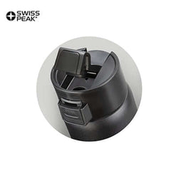 Swiss Peak Stealth Vacuum Mug top view showing secure screw-on lid and push-button closure for easy use.