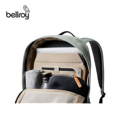 Interior view of the Bellroy Classic Backpack Compact showcasing organized storage for essentials and a laptop.