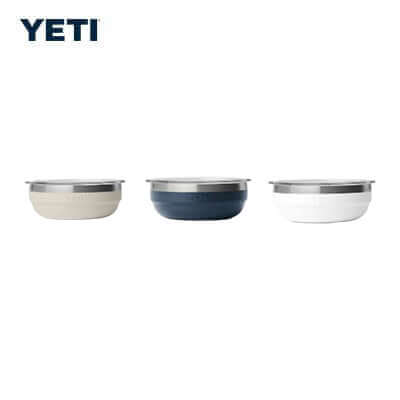 Yeti Rambler® 0.7 QT Insulated Low Bowl in three colors: beige, navy, and white.