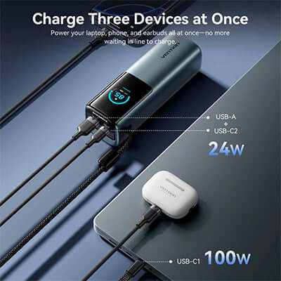 Vention 20000mAh Power Bank 165W charging three devices with USB cables and display showing power levels.