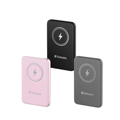 Verbatim 10000mAh Magnetic Wireless Power Bank (MCP-10) in pink, black, and gray colors.