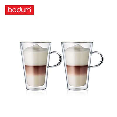 Bodum Canteen 2PCS DW Cup w/Handle 0.4L featuring layered beverages in mouth-blown borosilicate glass.