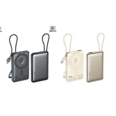 Remax MC-01 Magnetic Wireless Powerbank with Cable and Stand in Modern Grey and Dazzling Gold colors.