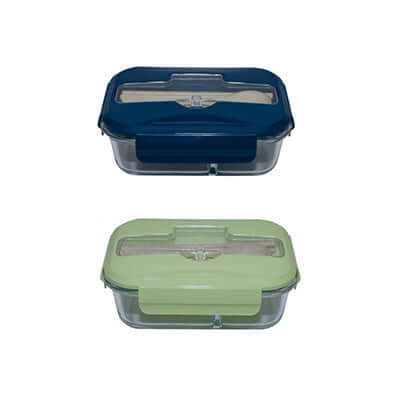 Glass Lunch Box with Cutlery in navy and green colors, ideal for meal prep and corporate gifts.