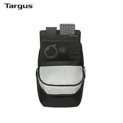 Targus 15-16" Work+™ EcoSmart® Backpack showing compartments for tech organization.