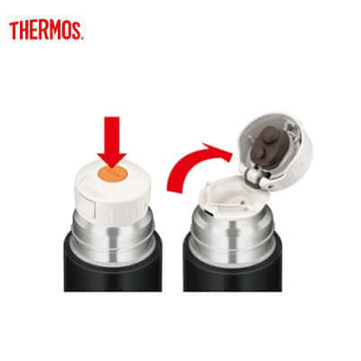Thermos FFM-351 Bottle with Cup showing the cap open and closed for easy use.