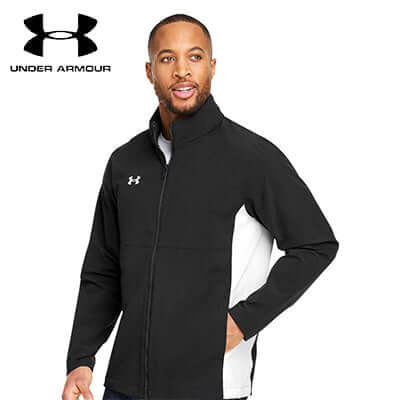 Under Armour Rival Stretch Woven Full-Zip Jacket in Black/White, ideal for sports and training.