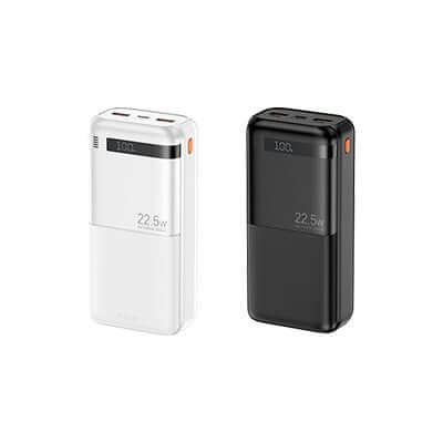 Remax FP-22 Quick Charging Powerbank 30000mAh in black and white colors, featuring 22.5W fast charging ports.