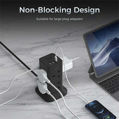TESSAN Tower 8 Sockets Outlet Plug with 2 USB-A & 1 USB-C Ports, Non-Blocking Design for large plug adapters.