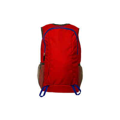 Waterproof Nylon Backpack in vibrant red color, featuring blue accents and functional design for daily use.