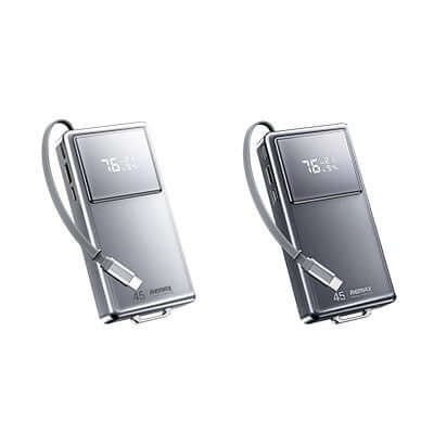 Remax FCP-30 45W Powerbank with Retractable Cable shown from multiple angles with features displayed.