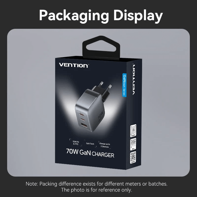 Vention 3-Port USB (C+C+A) GaN Charger 70W packaging display with details and design.