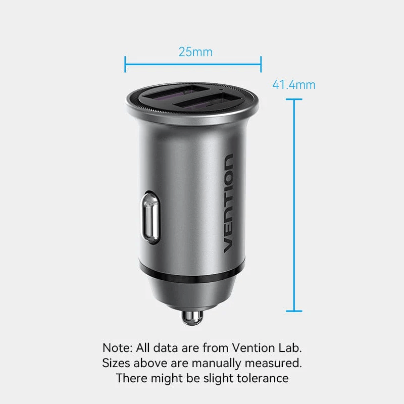 Vention Car Charger 30W with Dual USB Ports dimensions showing size and design.