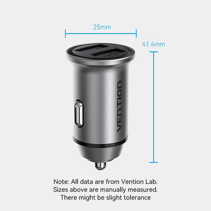Vention Car Charger 30W with Dual USB Ports dimensions showing size and design.