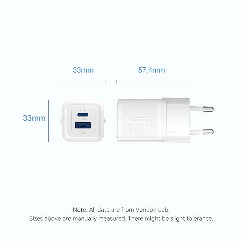 Vention Dual Ports USB (C+A) GaN Charger 30W dimensions showing 33mm x 57.4mm for compact design.