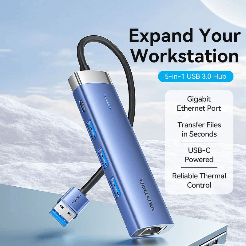 Vention 5-in-1 USB 3.0 Docking Station showcasing gigabit Ethernet and USB-C features.