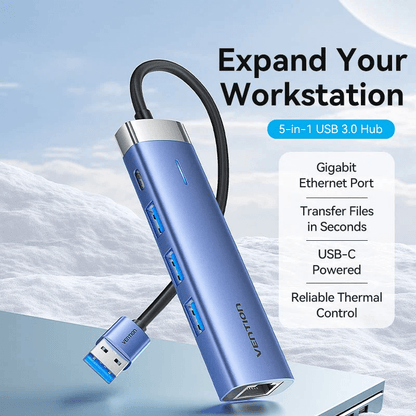 Vention 5-in-1 USB 3.0 Docking Station showcasing gigabit Ethernet and USB-C features.