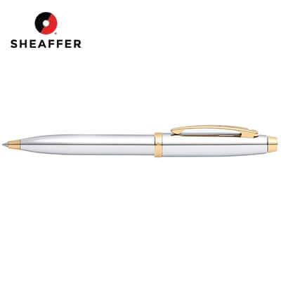 Sheaffer® 100 Chrome with Gold Trims Ballpoint Pen on white background, perfect corporate gift.