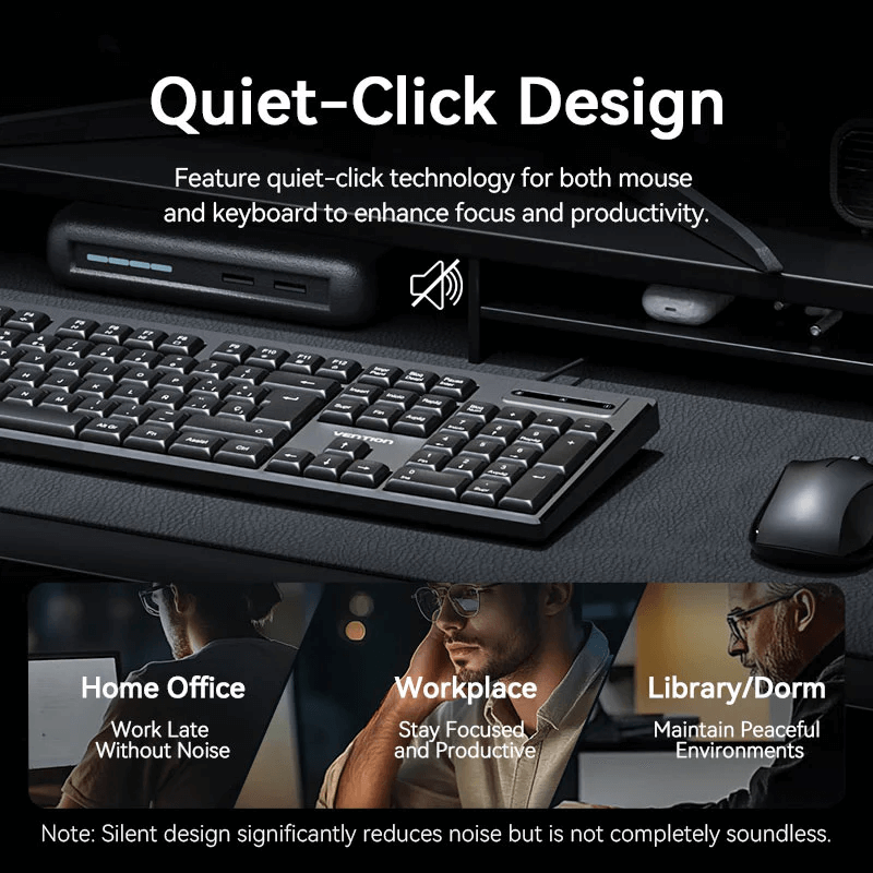 Vention USB Wired Full-Sized Silent Keyboard and Mouse Combo featuring quiet-click design for productivity in home offices.