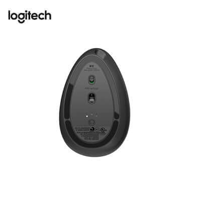 Logitech MX Vertical Advanced Ergonomic Mouse back view showcases features and ergonomic design for comfort.