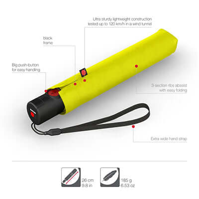 Knirps U.200 Ultra Light Duomatic Umbrella in bright yellow with a compact design and sturdy features.