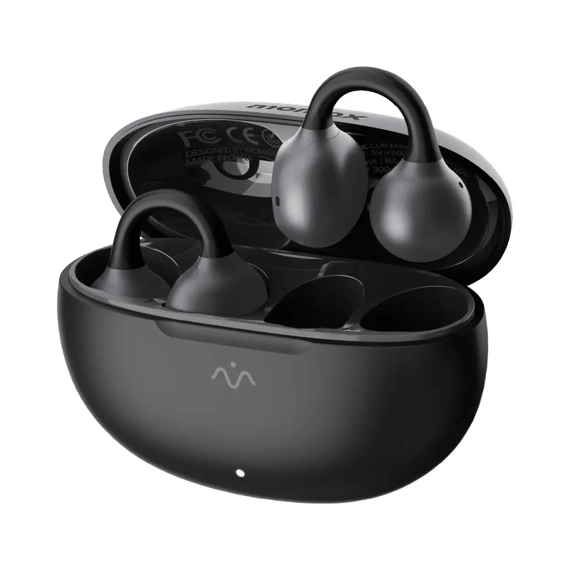 Momax 1-Vibe Clip M.IN.D AI ENC Clip-On Earbuds in charging case, ideal for corporate gift.