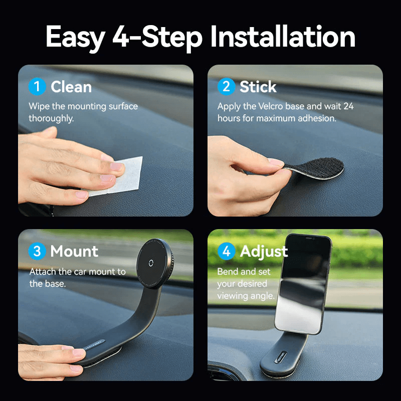 Easy 4-step installation guide for Vention Wireless Car Mount Charger 15W with cleaning, sticking, mounting, and adjusting steps.