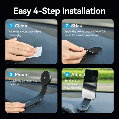 Easy 4-step installation guide for Vention Wireless Car Mount Charger 15W with cleaning, sticking, mounting, and adjusting steps.
