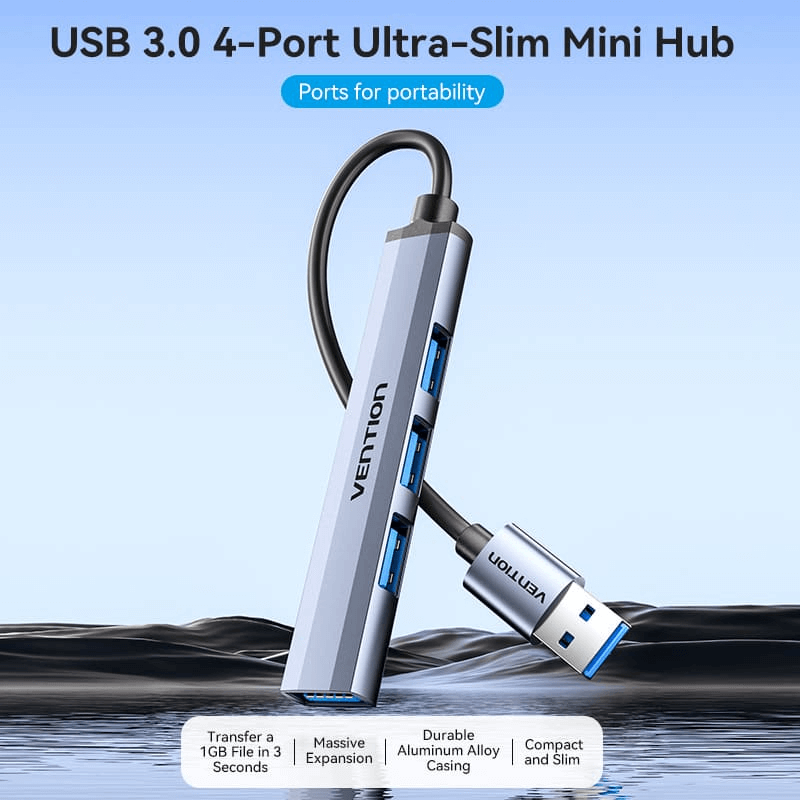 Vention 4-in-1 USB 3.0 Mini Hub showcasing four ports for fast data transfer, ideal for corporate gift solutions.